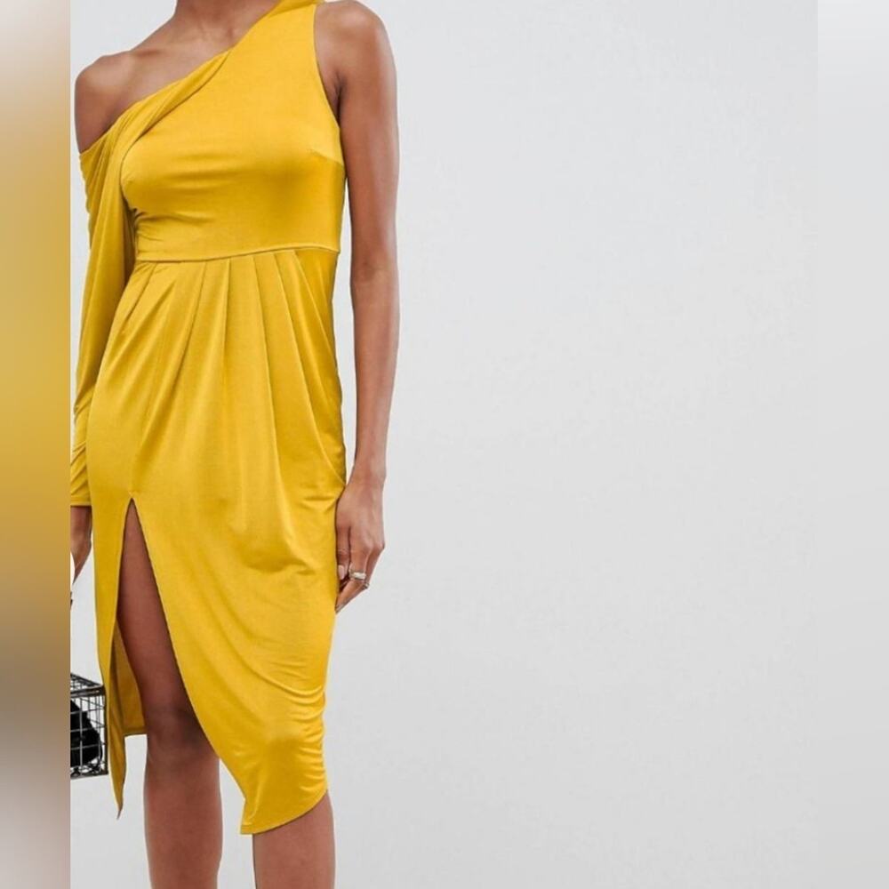 ASOS NEW One Shoulder Long Sleeve Gorgeous Yellow Gold Slinky Asymmetric Dress 2